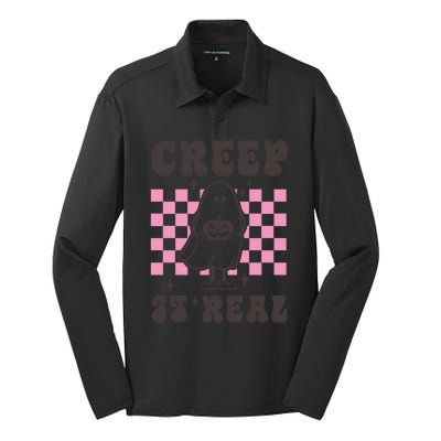 Creep It Real Cute Ghost Pumpkin Groovy Retro Halloween Gift Silk Touch Performance Long Sleeve Polo