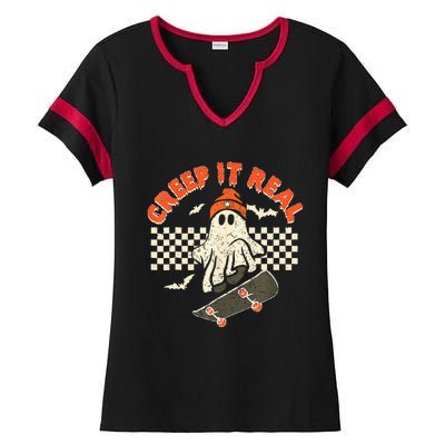 Creep It Real Skateboarding Retro Halloween Ghost Costume Ladies Halftime Notch Neck Tee