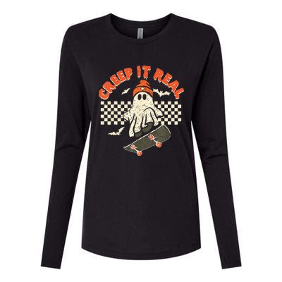 Creep It Real Skateboarding Retro Halloween Ghost Costume Womens Cotton Relaxed Long Sleeve T-Shirt