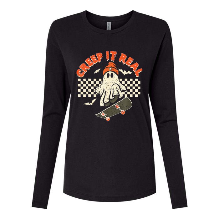 Creep It Real Skateboarding Retro Halloween Ghost Costume Womens Cotton Relaxed Long Sleeve T-Shirt