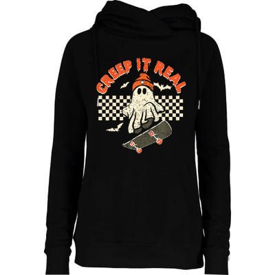 Creep It Real Skateboarding Retro Halloween Ghost Costume Womens Funnel Neck Pullover Hood