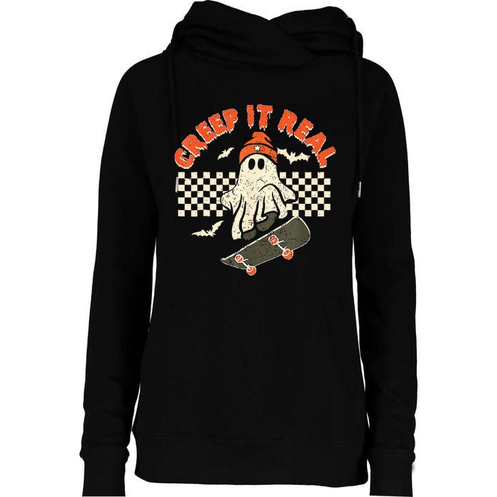 Creep It Real Skateboarding Retro Halloween Ghost Costume Womens Funnel Neck Pullover Hood