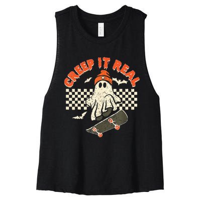 Creep It Real Skateboarding Retro Halloween Ghost Costume Women's Racerback Cropped Tank