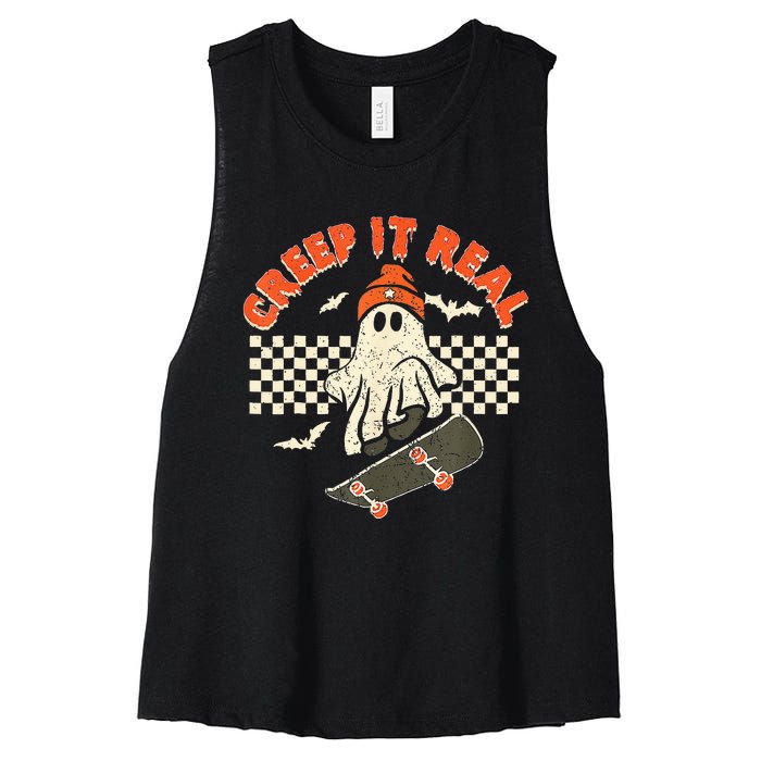 Creep It Real Skateboarding Retro Halloween Ghost Costume Women's Racerback Cropped Tank