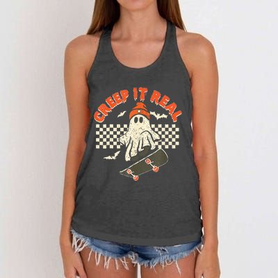 Creep It Real Skateboarding Retro Halloween Ghost Costume Women's Knotted Racerback Tank