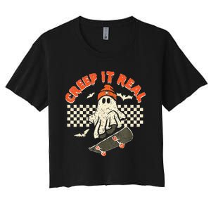 Creep It Real Skateboarding Retro Halloween Ghost Costume Women's Crop Top Tee