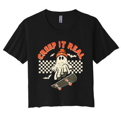 Creep It Real Skateboarding Retro Halloween Ghost Costume Women's Crop Top Tee