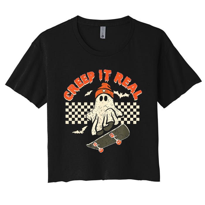 Creep It Real Skateboarding Retro Halloween Ghost Costume Women's Crop Top Tee