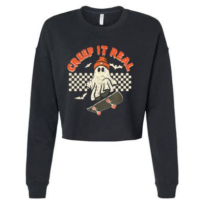 Creep It Real Skateboarding Retro Halloween Ghost Costume Cropped Pullover Crew