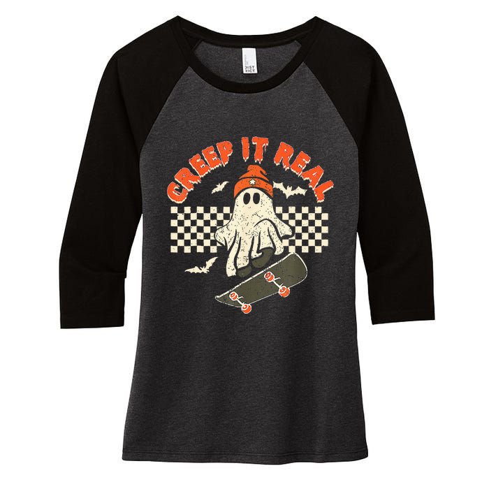 Creep It Real Skateboarding Retro Halloween Ghost Costume Women's Tri-Blend 3/4-Sleeve Raglan Shirt