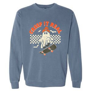 Creep It Real Skateboarding Retro Halloween Ghost Costume Garment-Dyed Sweatshirt