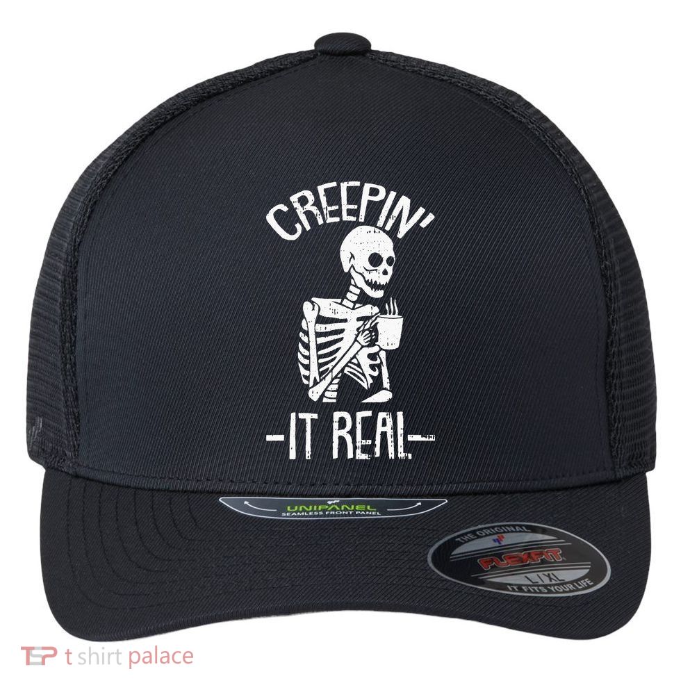 Creepin It Real Lazy Halloween Costume Funny Skeleton Skull Flexfit Unipanel Trucker Cap