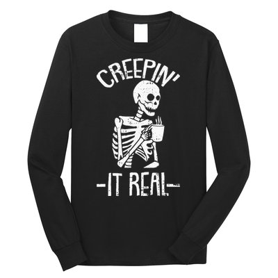 Creepin It Real Lazy Halloween Costume Funny Skeleton Skull Long Sleeve Shirt
