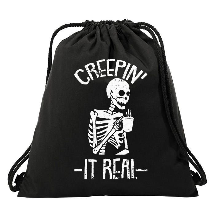 Creepin It Real Lazy Halloween Costume Funny Skeleton Skull Drawstring Bag