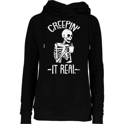 Creepin It Real Lazy Halloween Costume Funny Skeleton Skull Womens Funnel Neck Pullover Hood