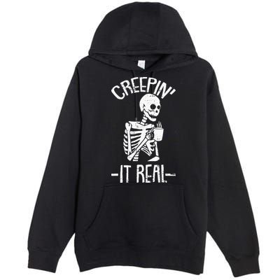 Creepin It Real Lazy Halloween Costume Funny Skeleton Skull Premium Pullover Hoodie