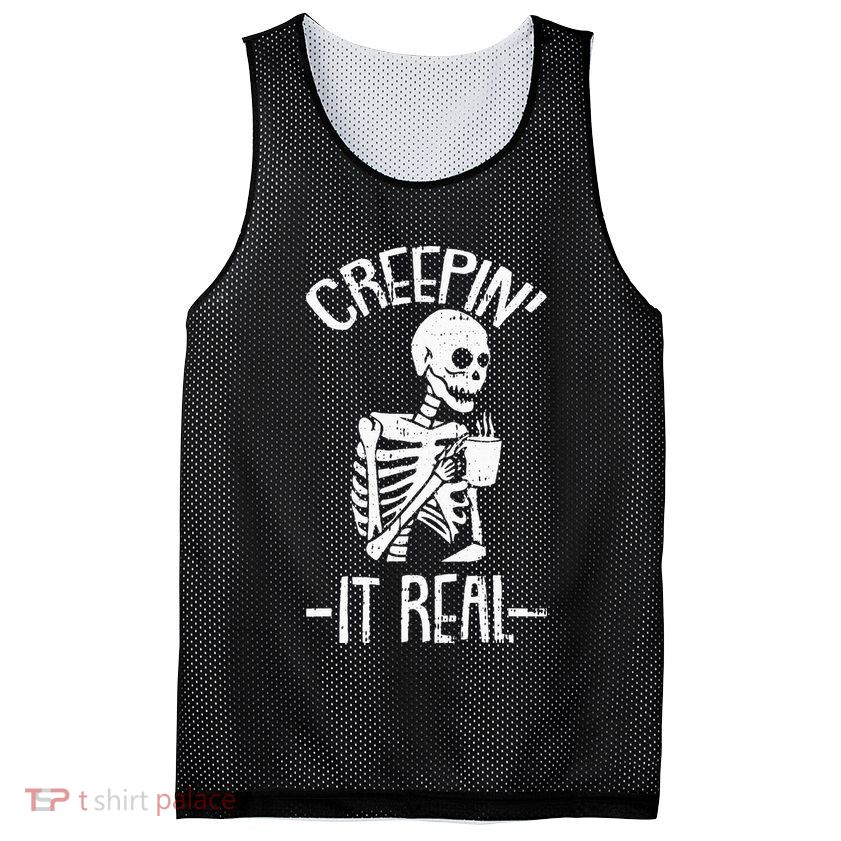 Creepin It Real Lazy Halloween Costume Funny Skeleton Skull Mesh Reversible Basketball Jersey Tank