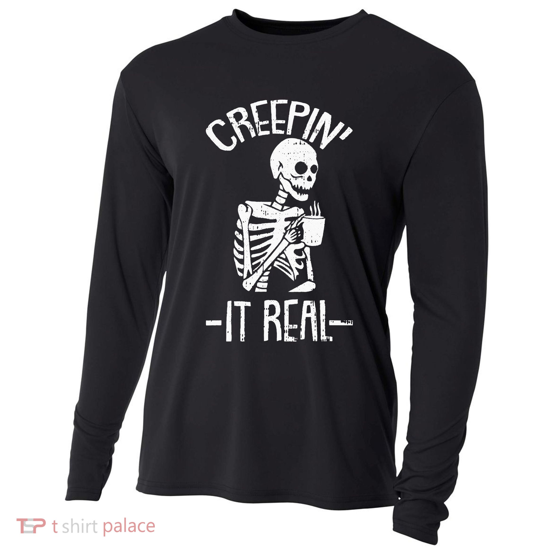 Creepin It Real Lazy Halloween Costume Funny Skeleton Skull Cooling Performance Long Sleeve Crew
