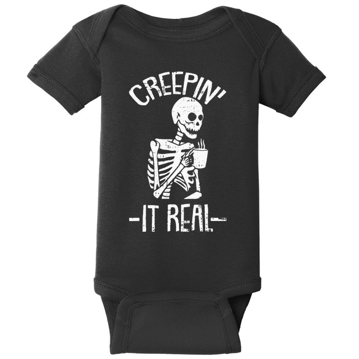 Creepin It Real Lazy Halloween Costume Funny Skeleton Skull Baby Bodysuit