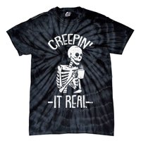 Creepin It Real Lazy Halloween Costume Funny Skeleton Skull Tie-Dye T-Shirt