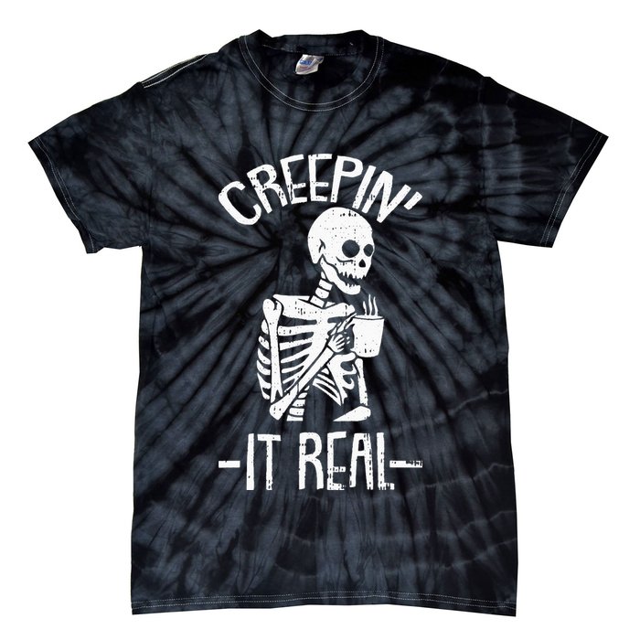 Creepin It Real Lazy Halloween Costume Funny Skeleton Skull Tie-Dye T-Shirt