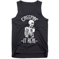 Creepin It Real Lazy Halloween Costume Funny Skeleton Skull Tank Top