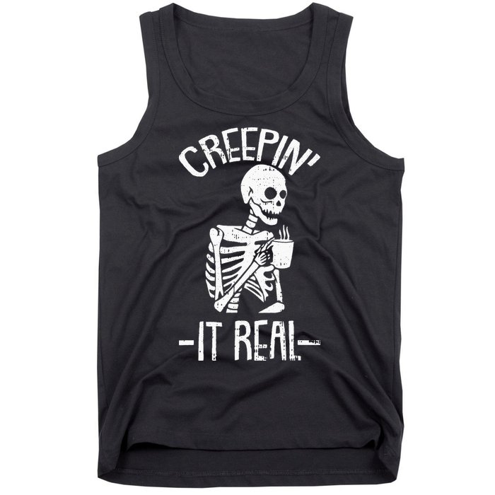 Creepin It Real Lazy Halloween Costume Funny Skeleton Skull Tank Top