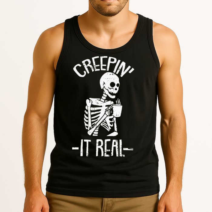 Creepin It Real Lazy Halloween Costume Funny Skeleton Skull Tank Top