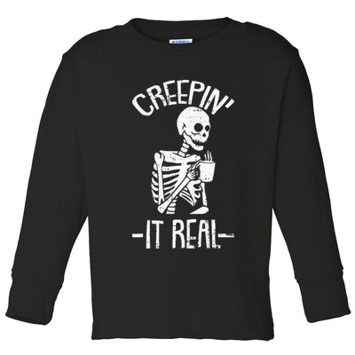 Creepin It Real Lazy Halloween Costume Funny Skeleton Skull Toddler Long Sleeve Shirt