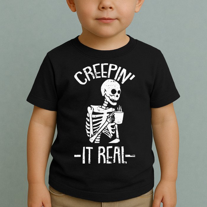 Creepin It Real Lazy Halloween Costume Funny Skeleton Skull Toddler T-Shirt