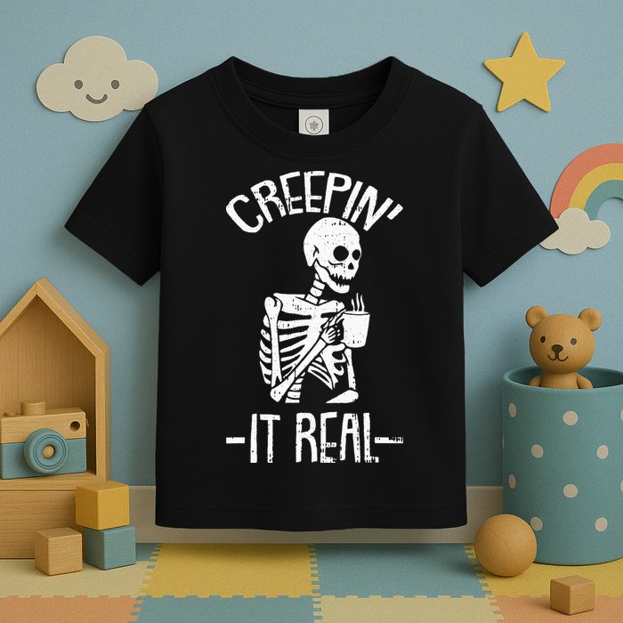 Creepin It Real Lazy Halloween Costume Funny Skeleton Skull Toddler T-Shirt