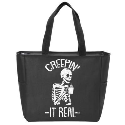 Creepin It Real Lazy Halloween Costume Funny Skeleton Skull Zip Tote Bag