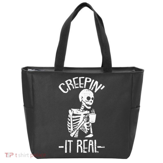 Creepin It Real Lazy Halloween Costume Funny Skeleton Skull Zip Tote Bag