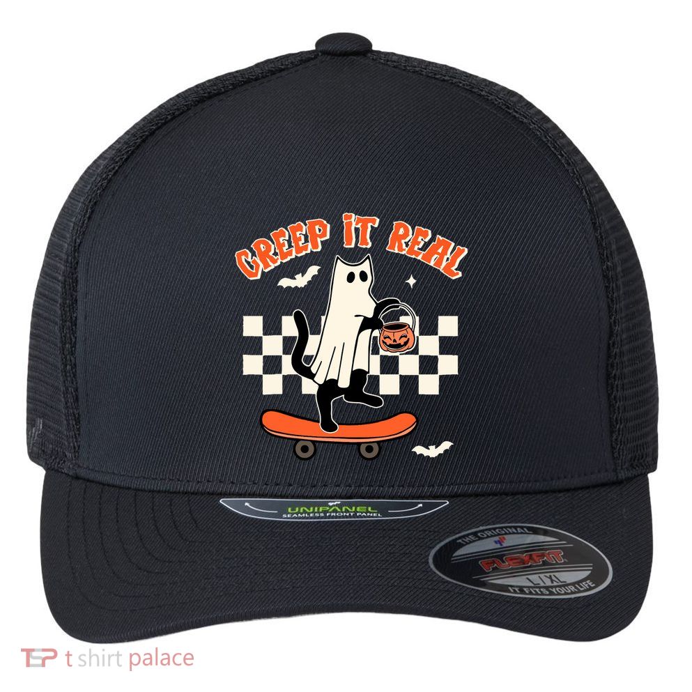 Creep It Real Black Cat Ghost Funny Halloween Spooky Season Gift Flexfit Unipanel Trucker Cap