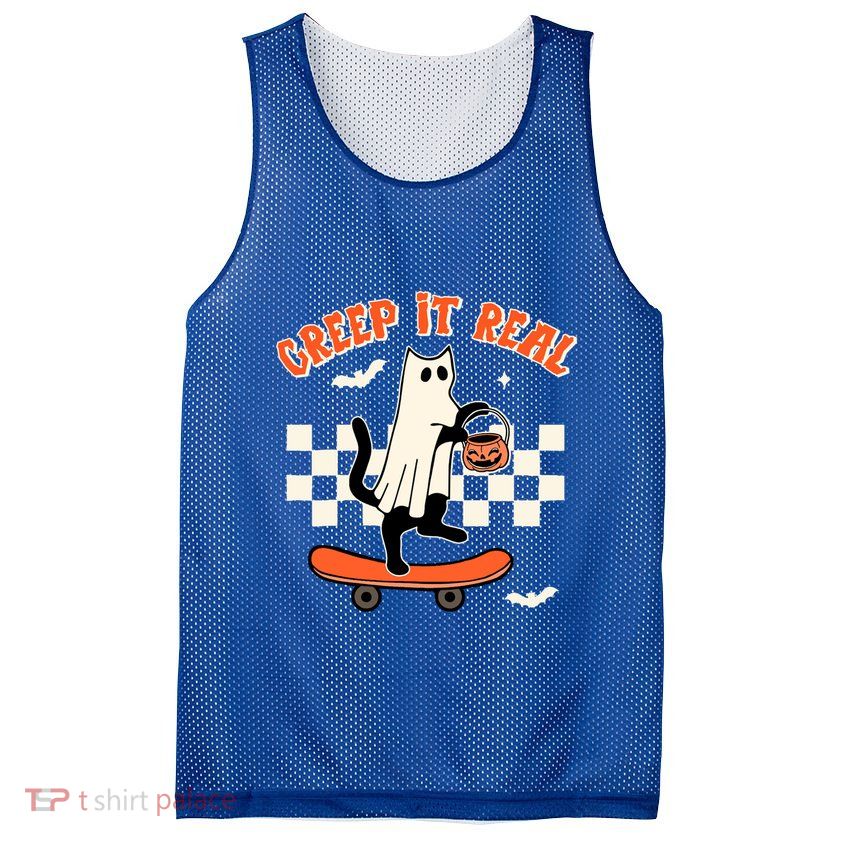 Creep It Real Black Cat Ghost Funny Halloween Spooky Season Gift Mesh Reversible Basketball Jersey Tank
