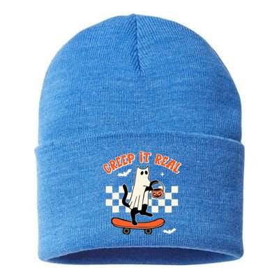 Creep It Real Black Cat Ghost Funny Halloween Spooky Season Gift Sustainable Knit Beanie