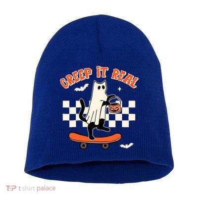 Creep It Real Black Cat Ghost Funny Halloween Spooky Season Gift Short Acrylic Beanie