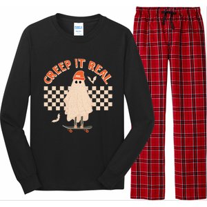 Creep It Real Ghost Skateboard Halloween Graphic Retro Gift Long Sleeve Pajama Set