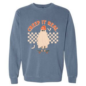 Creep It Real Ghost Skateboard Halloween Graphic Retro Gift Garment-Dyed Sweatshirt