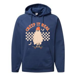 Creep It Real Ghost Skateboard Halloween Graphic Retro Gift Performance Fleece Hoodie