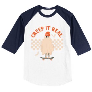 Creep It Real Ghost Skateboard Halloween Graphic Retro Gift Baseball Sleeve Shirt