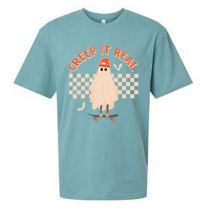 Creep It Real Ghost Skateboard Halloween Graphic Retro Gift Sueded Cloud Jersey T-Shirt