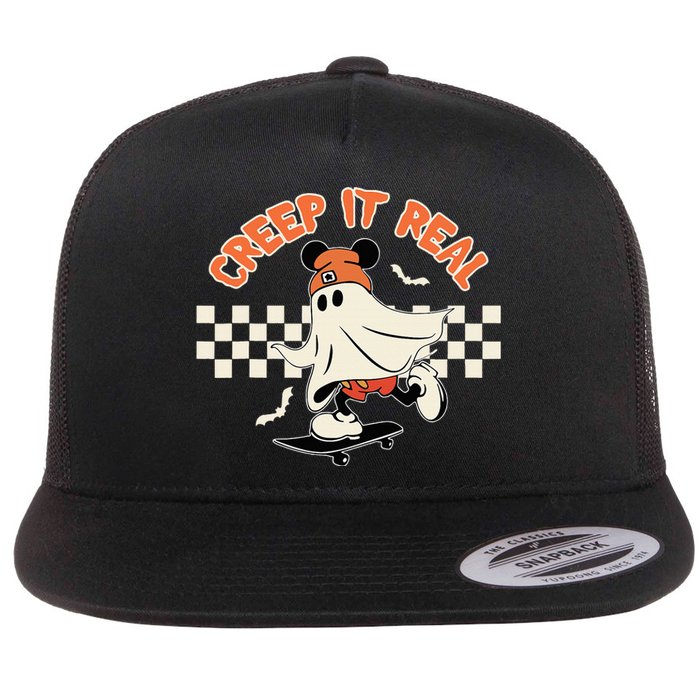 Creep It Real Spooky Ghost Mouse Halloween Flat Bill Trucker Hat