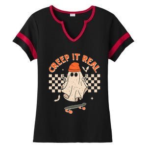 Creep It Real Skateboarding Ghost Retro Halloween Costume Ladies Halftime Notch Neck Tee