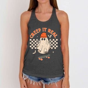 Creep It Real Skateboarding Ghost Retro Halloween Costume Women's Knotted Racerback Tank