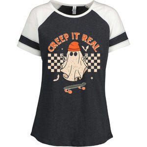 Creep It Real Skateboarding Ghost Retro Halloween Costume Enza Ladies Jersey Colorblock Tee