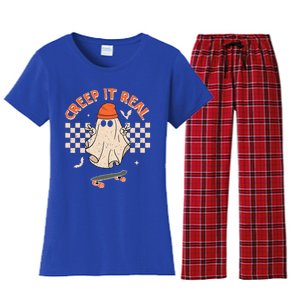 Creep It Real Skateboarding Ghost Retro Halloween Costume Women's Flannel Pajama Set