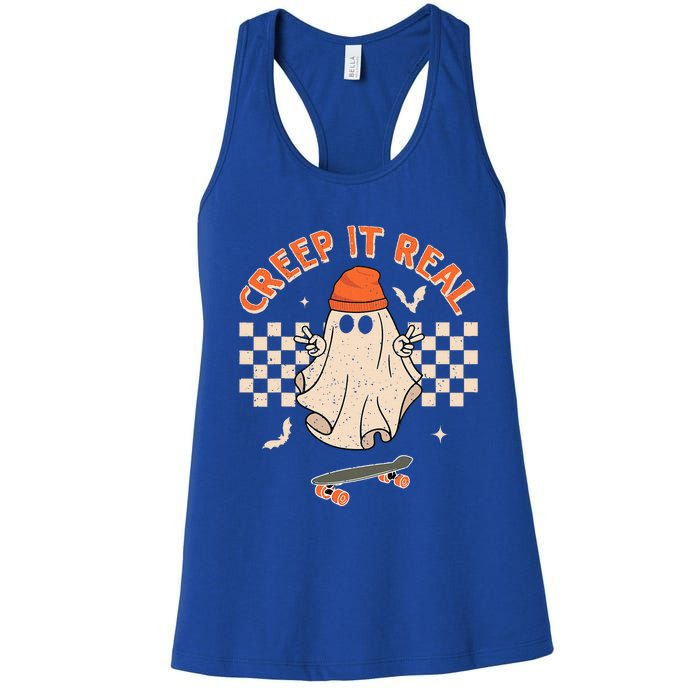 Creep It Real Skateboarding Ghost Retro Halloween Costume Women's Racerback Tank