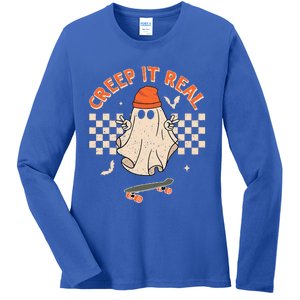 Creep It Real Skateboarding Ghost Retro Halloween Costume Ladies Long Sleeve Shirt