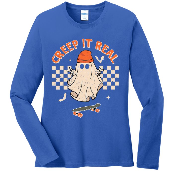 Creep It Real Skateboarding Ghost Retro Halloween Costume Ladies Long Sleeve Shirt